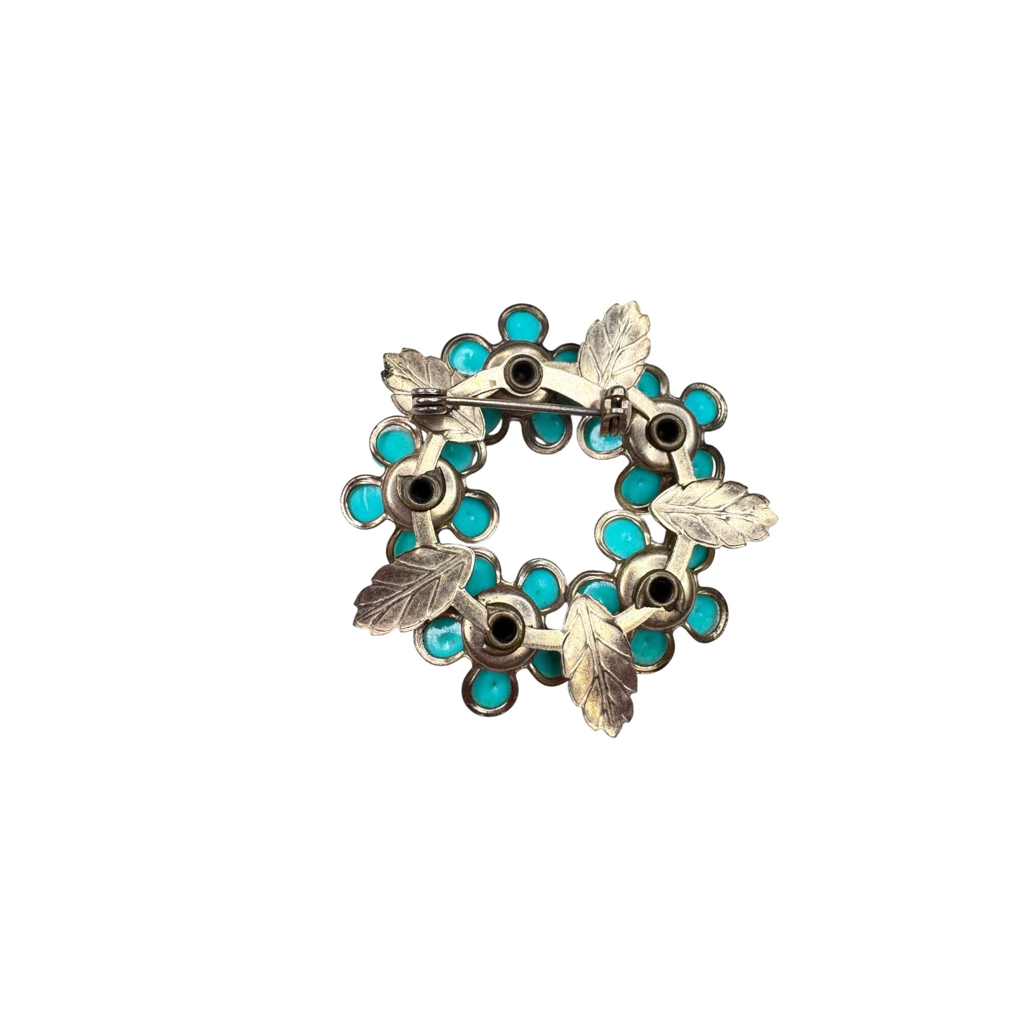 Unsigned Brooch Teal Acrylic Flower Wreath Crystal Gold Tone Floral 1960s Vintage