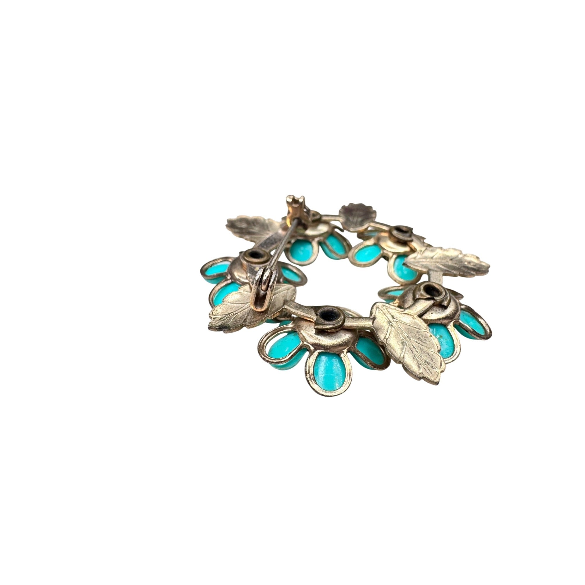 Unsigned Brooch Teal Acrylic Flower Wreath Crystal Gold Tone Floral 1960s Vintage