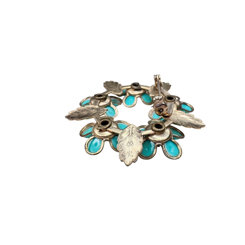 Unsigned Brooch Teal Acrylic Flower Wreath Crystal Gold Tone Floral 1960s Vintage
