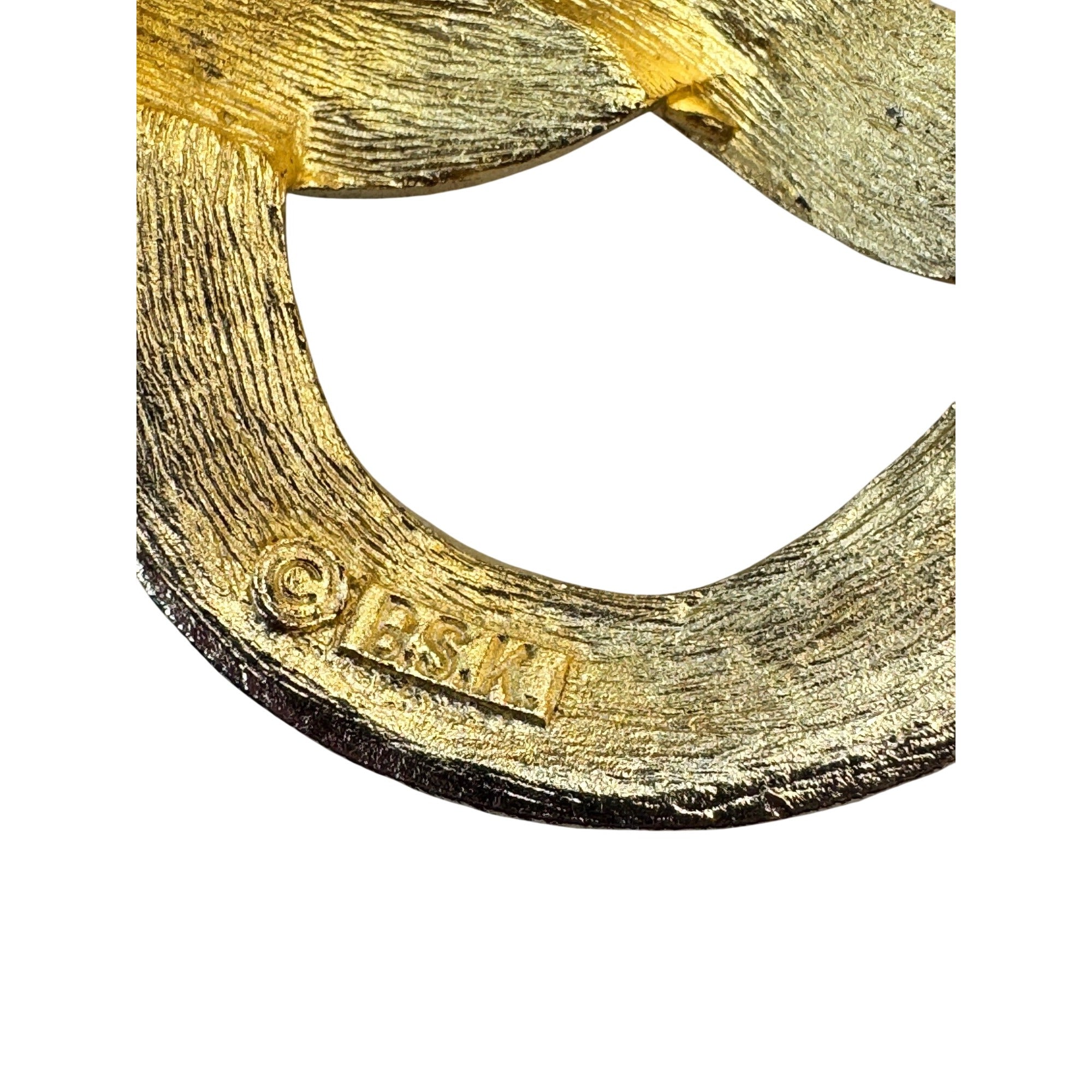 BSK Gold Tone Circle PretzelTwist Brooch Textured Modernist 1.9 Inch Vintage
