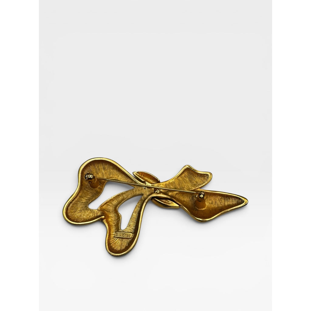 Monet Gold Tone Abstract Bow Brooch Modernist Ribbon Pin Signed 1980s