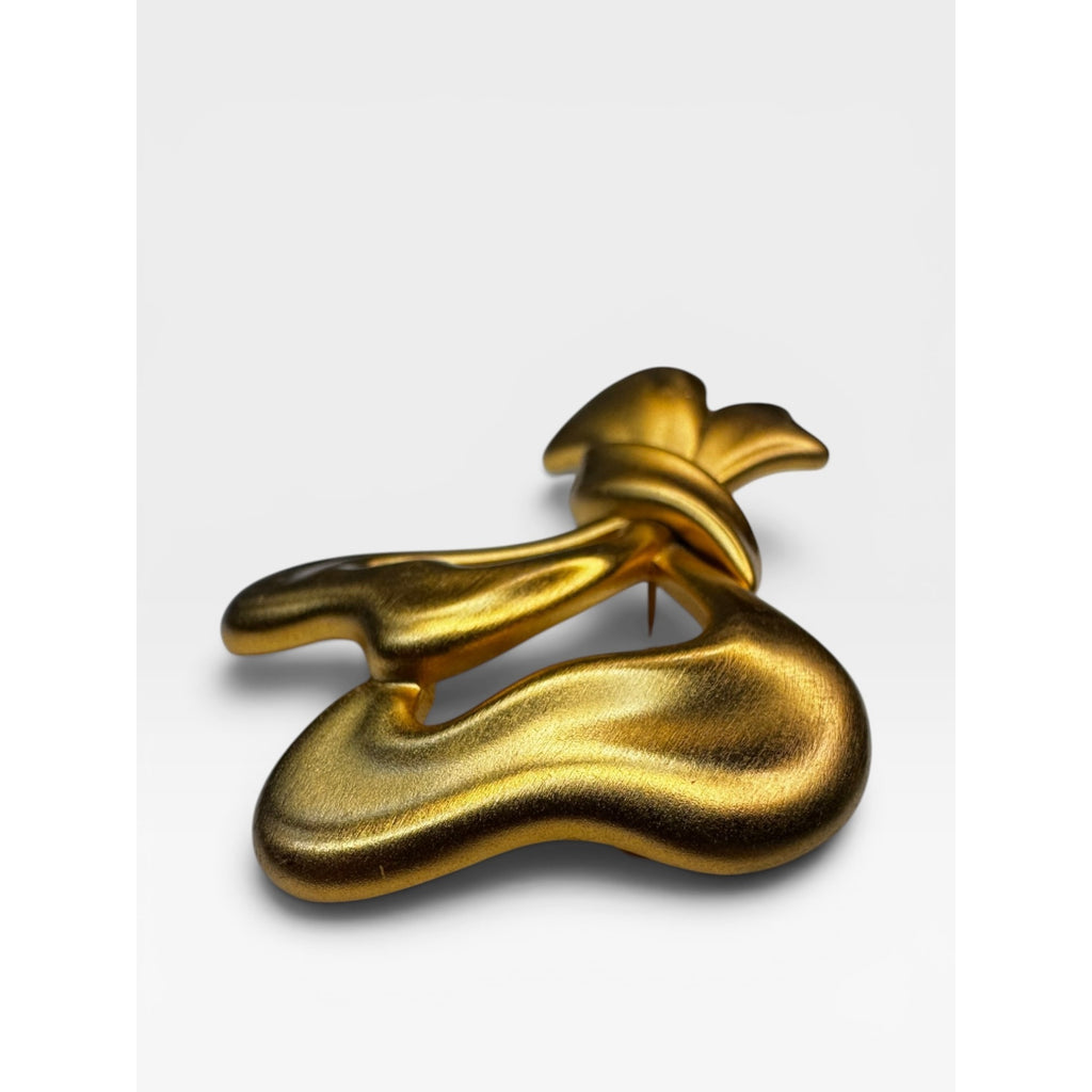 Monet Gold Tone Abstract Bow Brooch Modernist Ribbon Pin Signed 1980s
