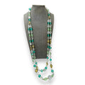 Lenora Dame Green Teal Clear Glass Gold Tone Two Strand Statement Necklace 1970s
