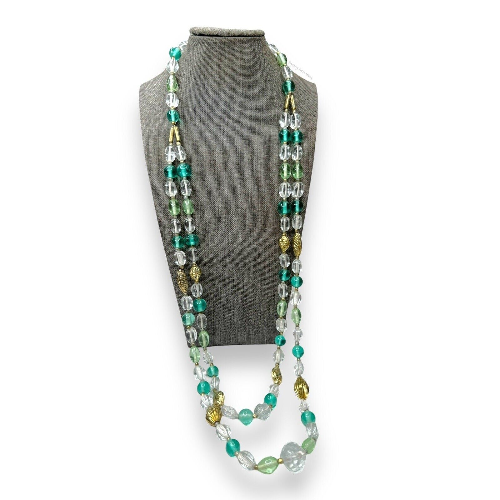 Lenora Dame Green Teal Clear Glass Gold Tone Two Strand Statement Necklace 1970s