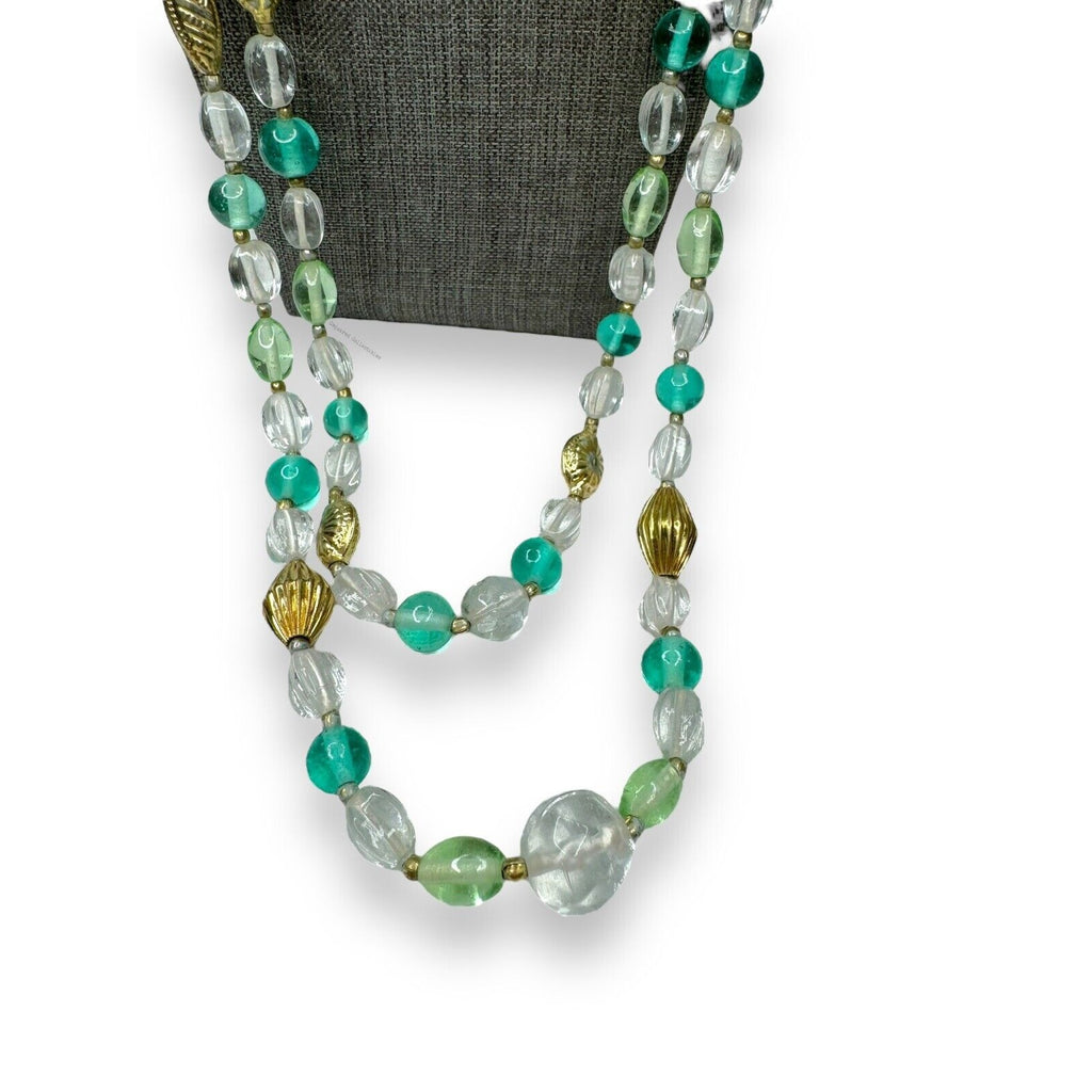 Lenora Dame Green Teal Clear Glass Gold Tone Two Strand Statement Necklace 1970s