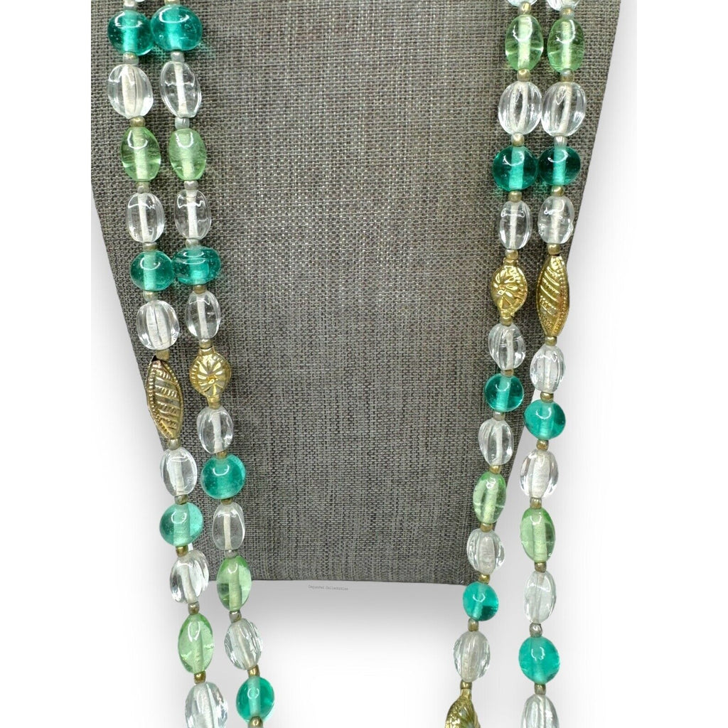 Lenora Dame Green Teal Clear Glass Gold Tone Two Strand Statement Necklace 1970s