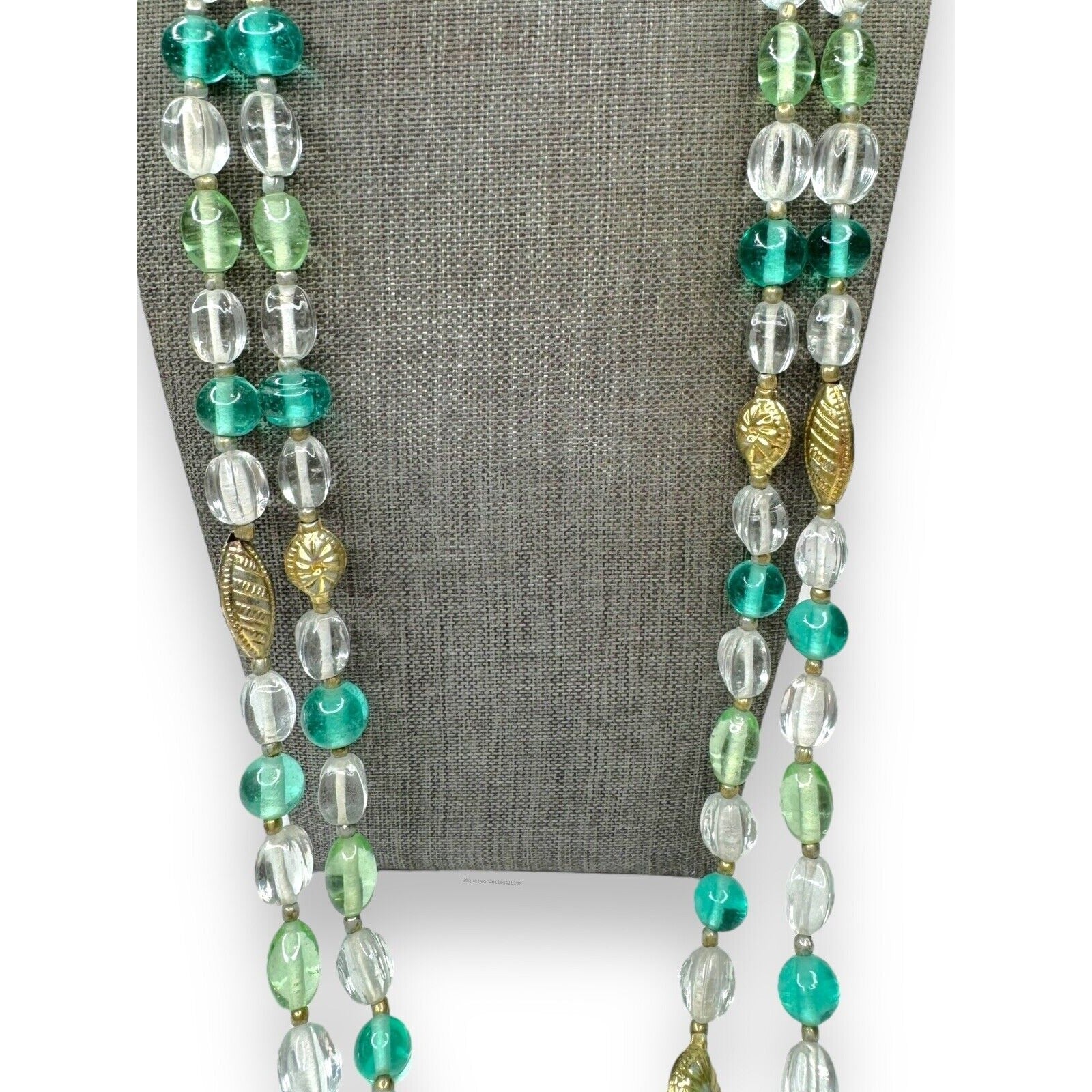 Lenora Dame Green Teal Clear Glass Gold Tone Two Strand Statement Necklace 1970s