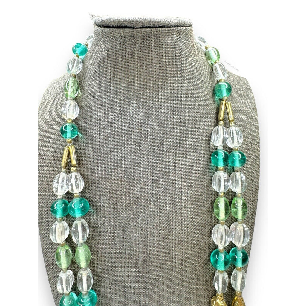 Lenora Dame Green Teal Clear Glass Gold Tone Two Strand Statement Necklace 1970s