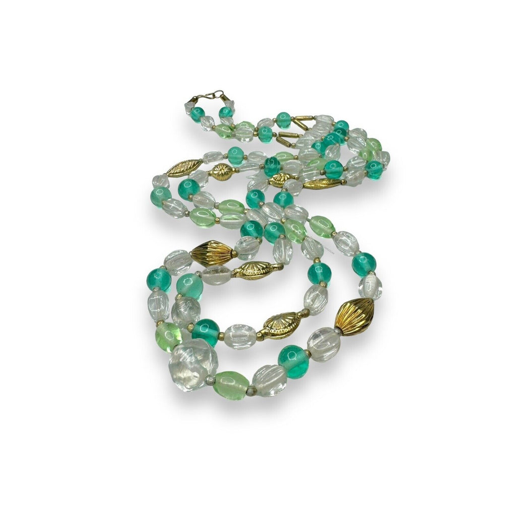 Lenora Dame Green Teal Clear Glass Gold Tone Two Strand Statement Necklace 1970s