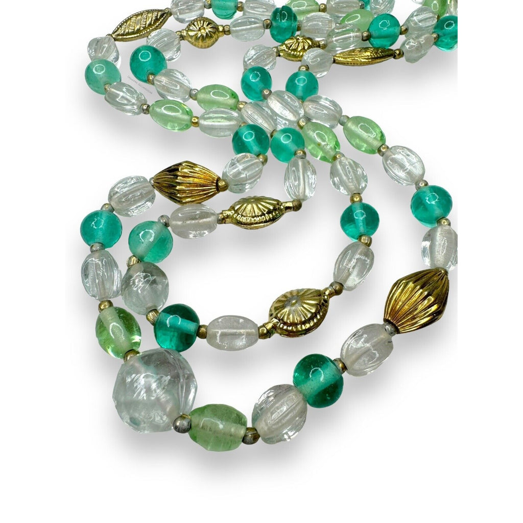 Lenora Dame Green Teal Clear Glass Gold Tone Two Strand Statement Necklace 1970s