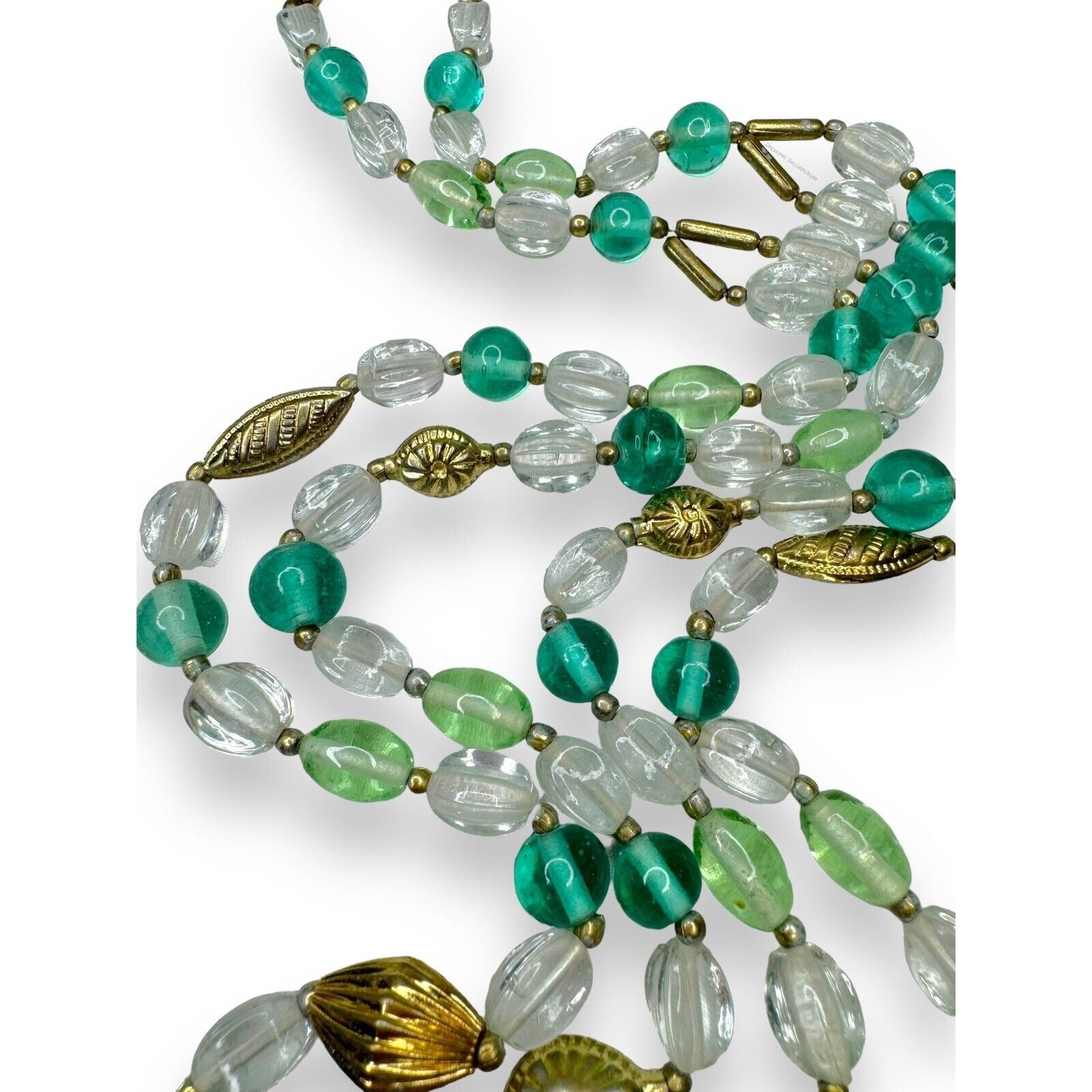 Lenora Dame Green Teal Clear Glass Gold Tone Two Strand Statement Necklace 1970s