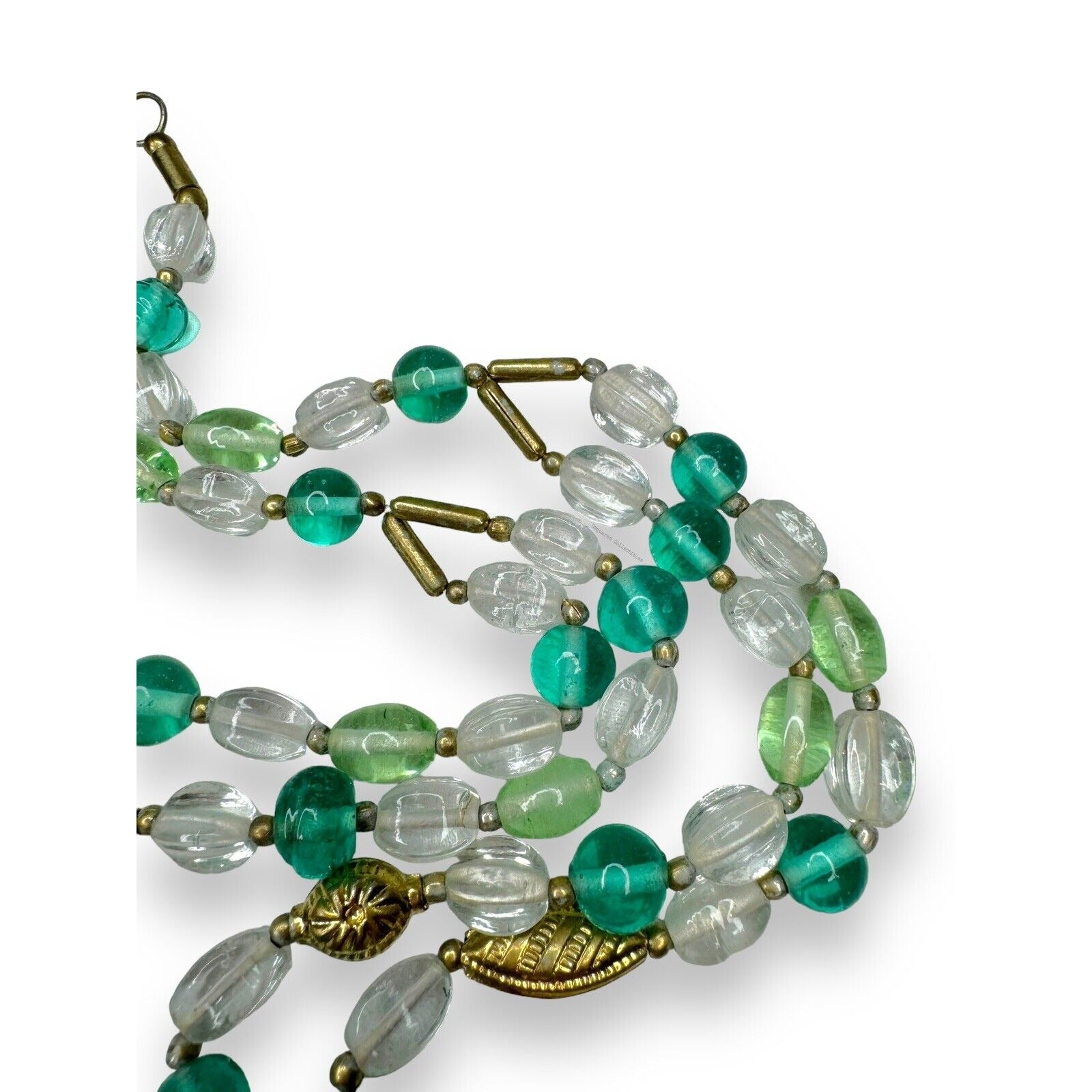 Lenora Dame Green Teal Clear Glass Gold Tone Two Strand Statement Necklace 1970s
