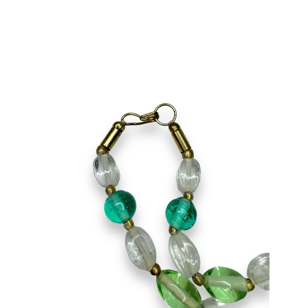 Lenora Dame Green Teal Clear Glass Gold Tone Two Strand Statement Necklace 1970s