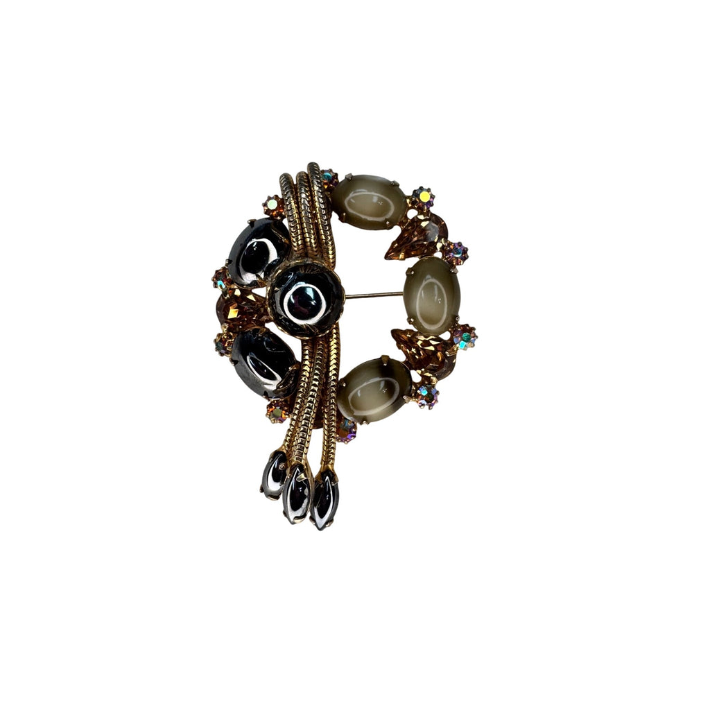 Alice Caviness Hematite Glass Crystal Brooch Gold Tone 1960s Vintage