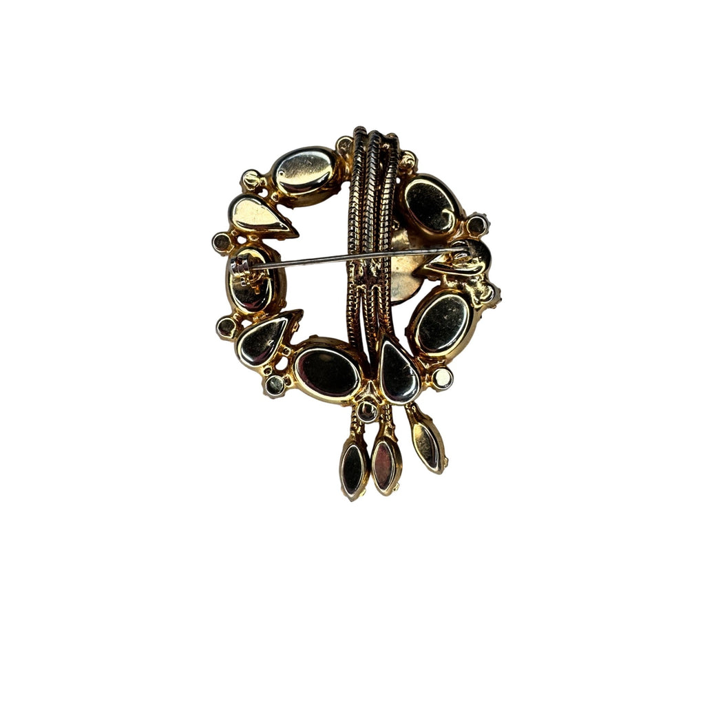 Alice Caviness Hematite Glass Crystal Brooch Gold Tone 1960s Vintage