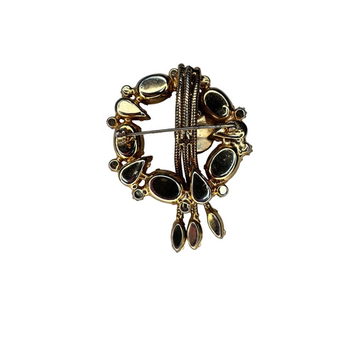 Alice Caviness Hematite Glass Crystal Brooch Gold Tone 1960s Vintage