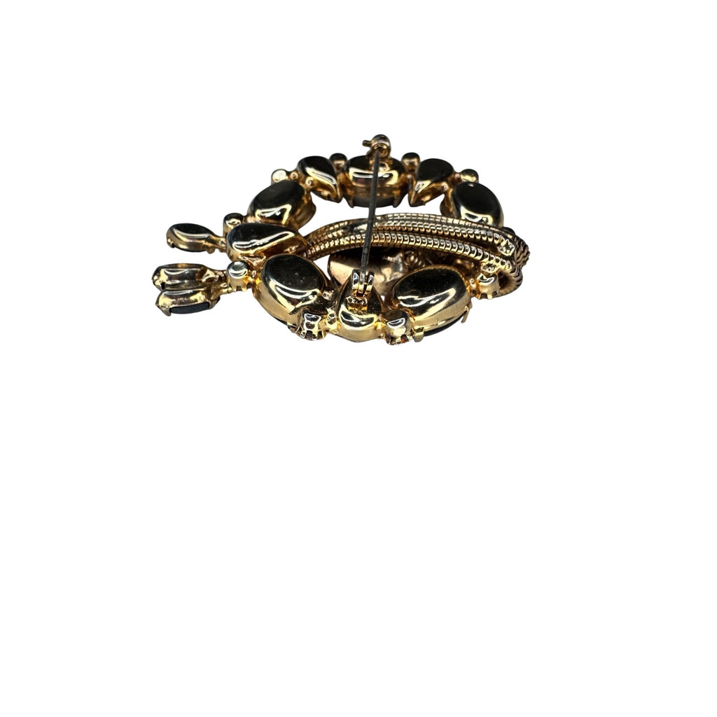 Alice Caviness Hematite Glass Crystal Brooch Gold Tone 1960s Vintage