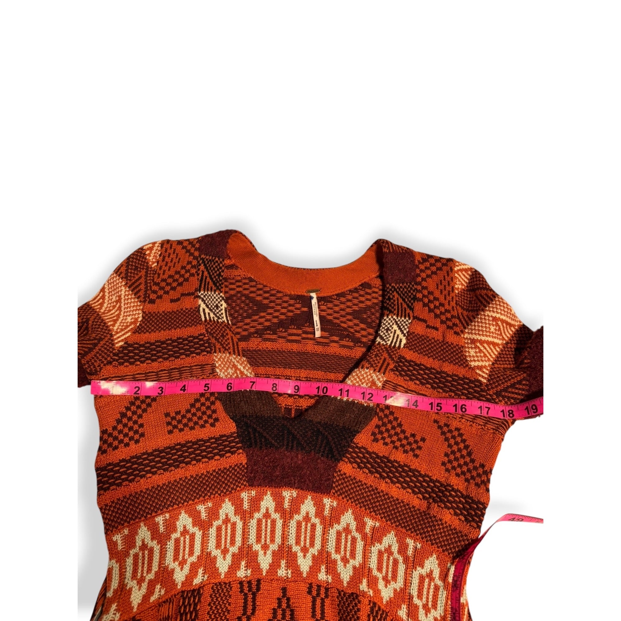 Free People Orange Knit Boho Sweater Dress XS Bell Sleeves Tie Back V Neck