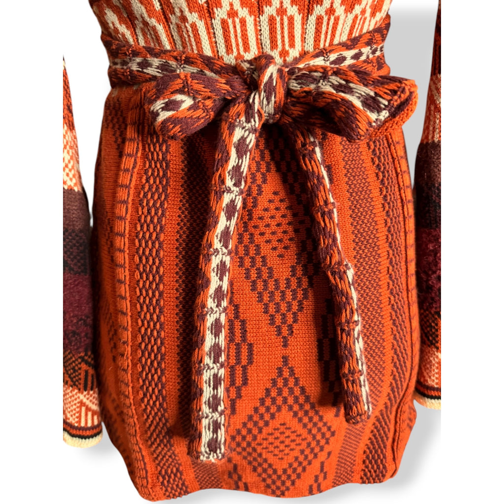 Free People Orange Knit Boho Sweater Dress XS Bell Sleeves Tie Back V Neck
