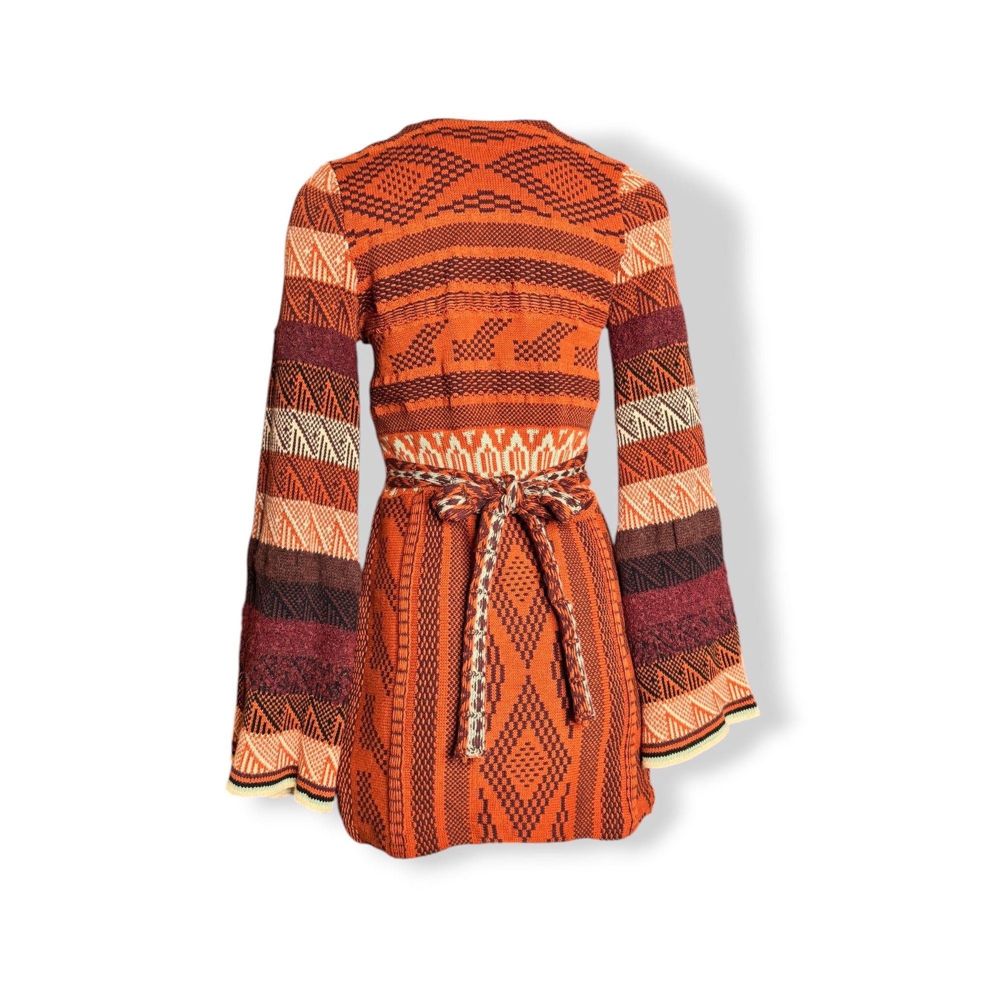 Free People Orange Knit Boho Sweater Dress XS Bell Sleeves Tie Back V Neck