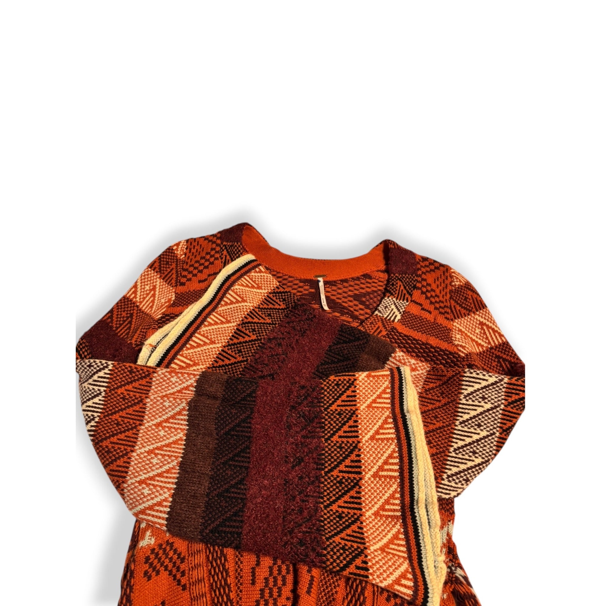 Free People Orange Knit Boho Sweater Dress XS Bell Sleeves Tie Back V Neck