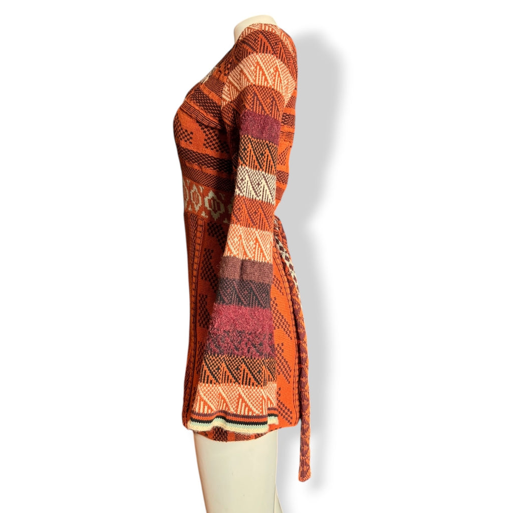 Free People Orange Knit Boho Sweater Dress XS Bell Sleeves Tie Back V Neck