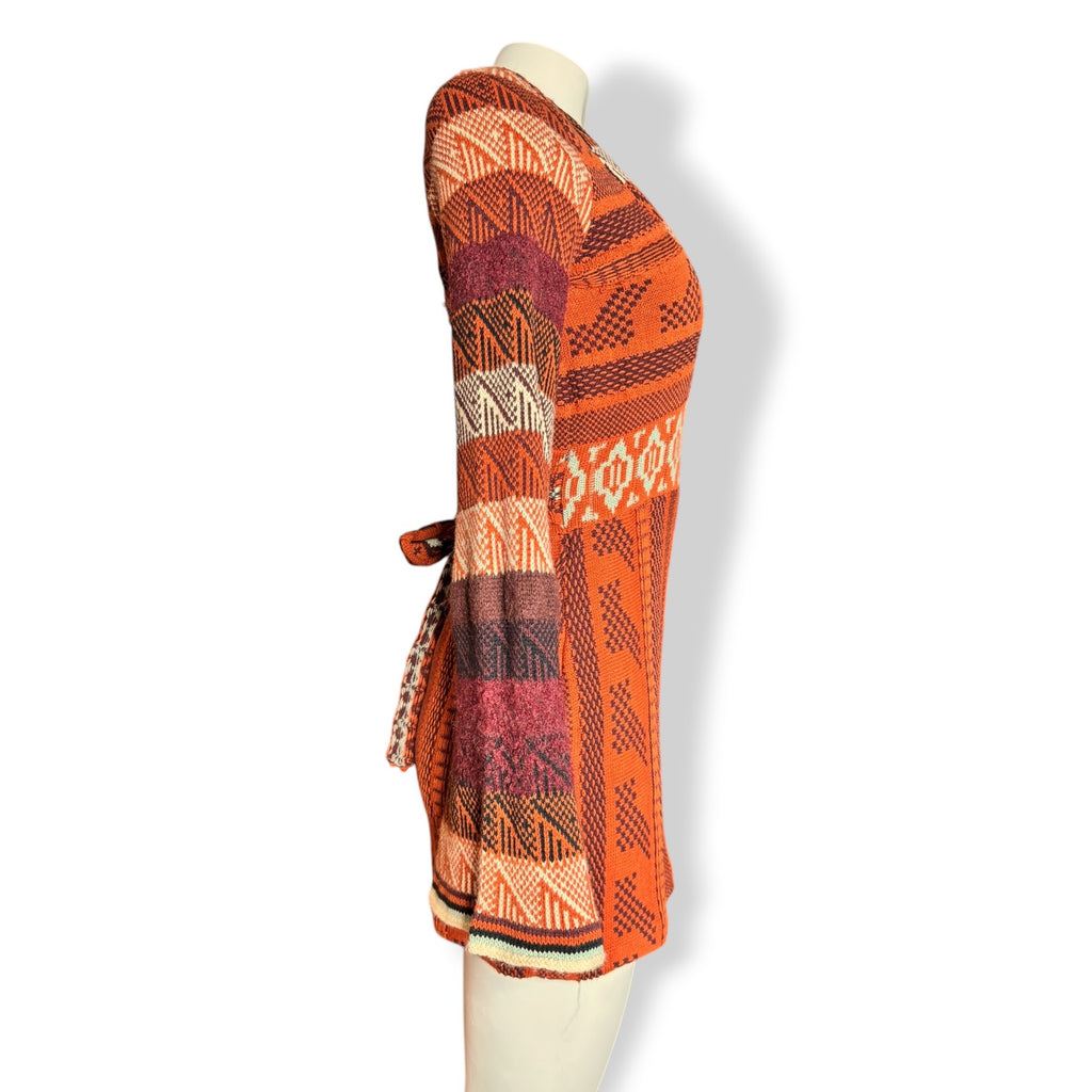 Free People Orange Knit Boho Sweater Dress XS Bell Sleeves Tie Back V Neck
