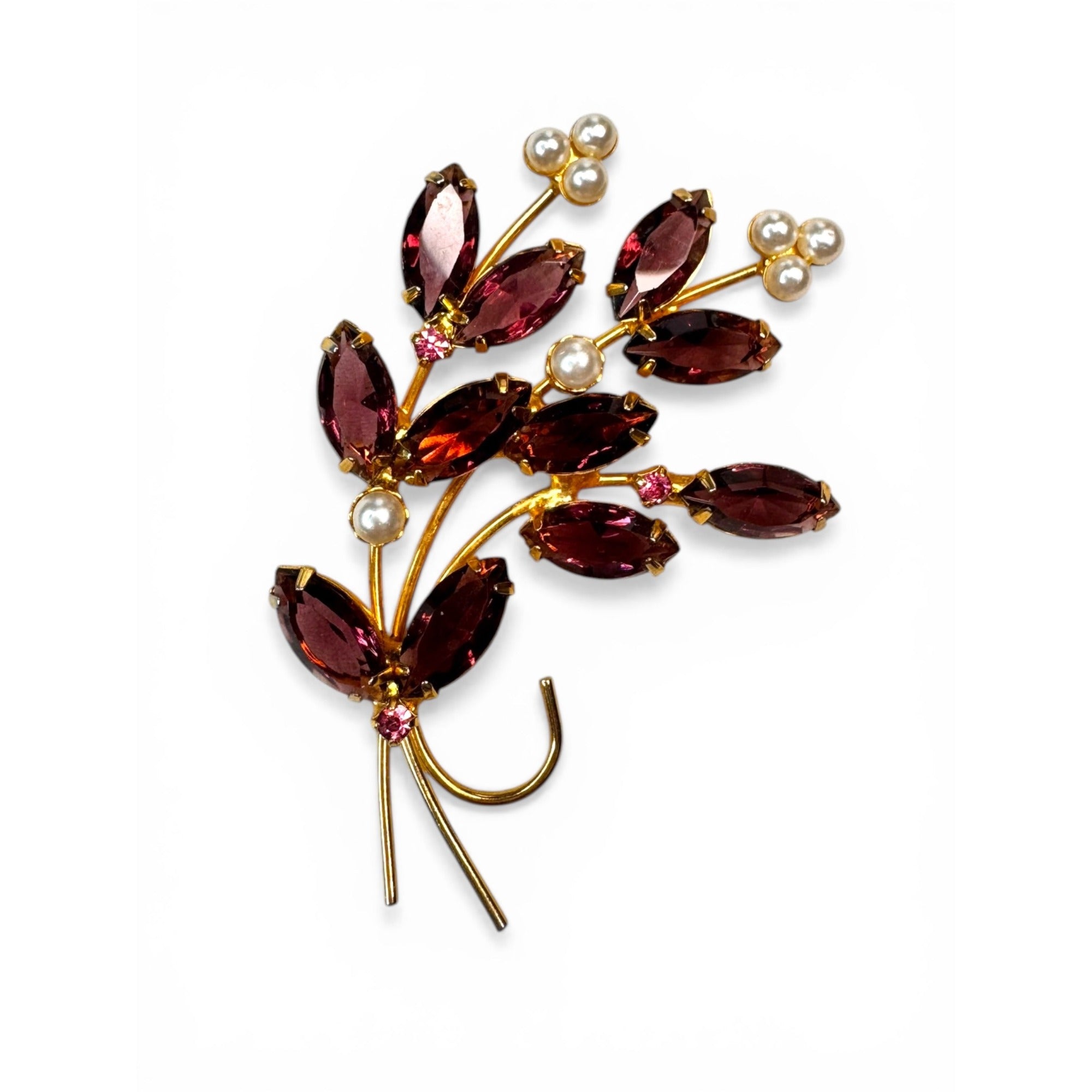 Floral Spray Brooch Purple Glass Pink Crystal Manganese Gold Tone 1960s Vintage