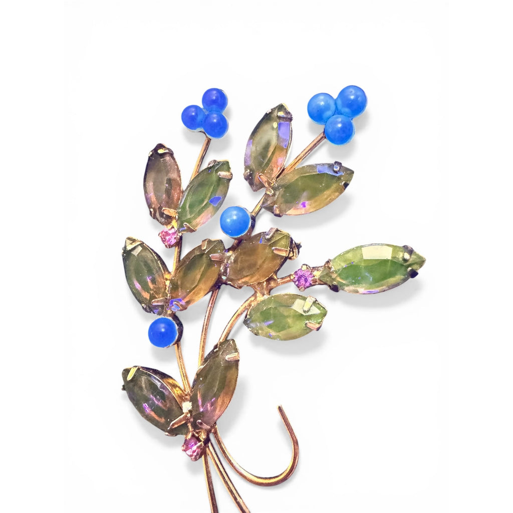 Floral Spray Brooch Purple Glass Pink Crystal Manganese Gold Tone 1960s Vintage