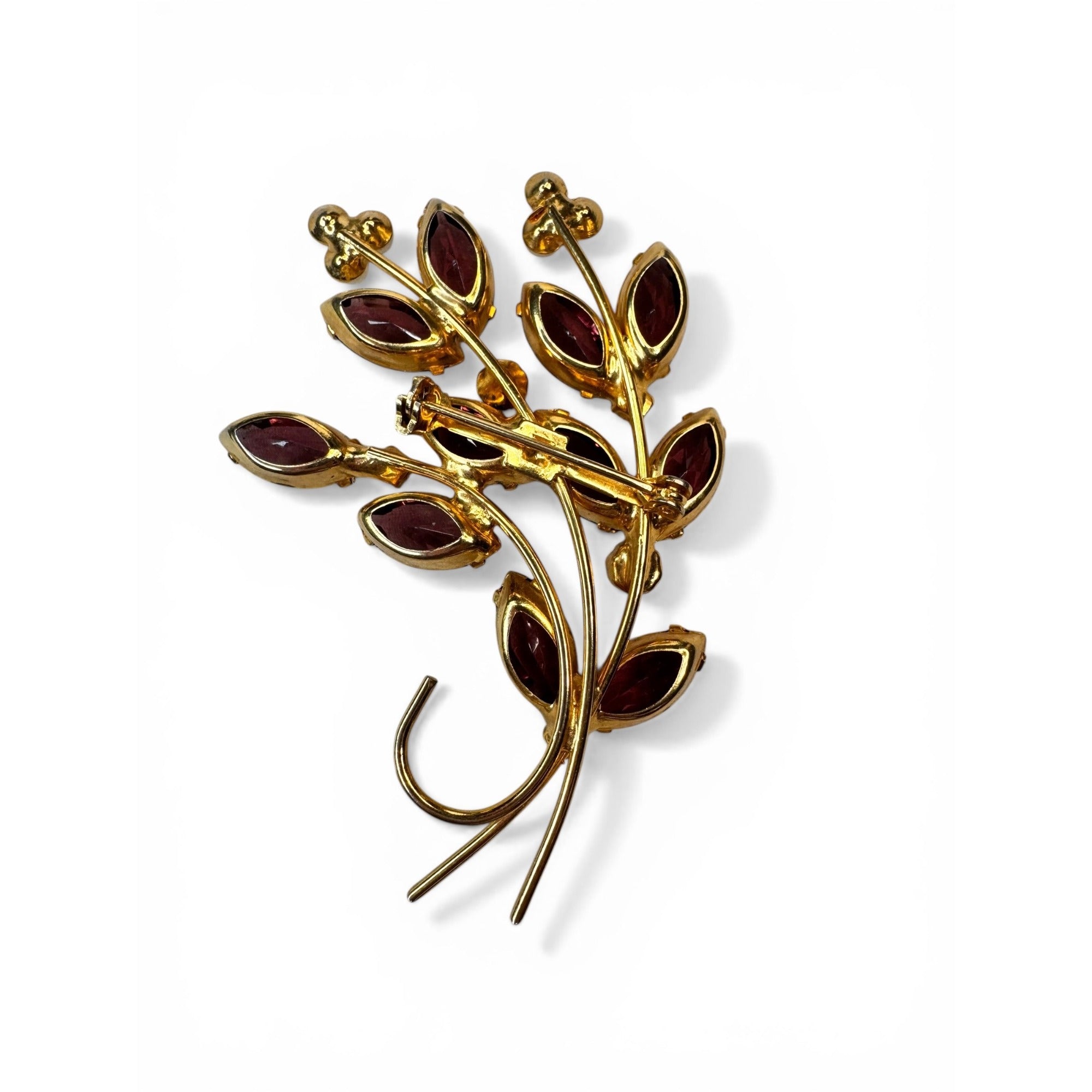 Floral Spray Brooch Purple Glass Pink Crystal Manganese Gold Tone 1960s Vintage