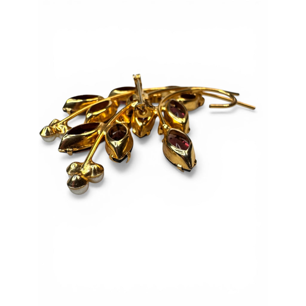 Floral Spray Brooch Purple Glass Pink Crystal Manganese Gold Tone 1960s Vintage