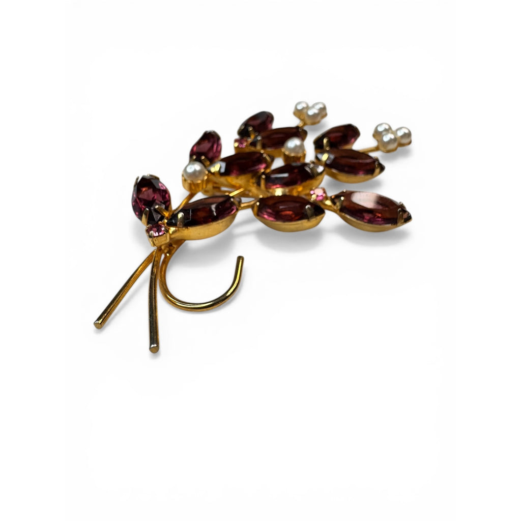 Floral Spray Brooch Purple Glass Pink Crystal Manganese Gold Tone 1960s Vintage