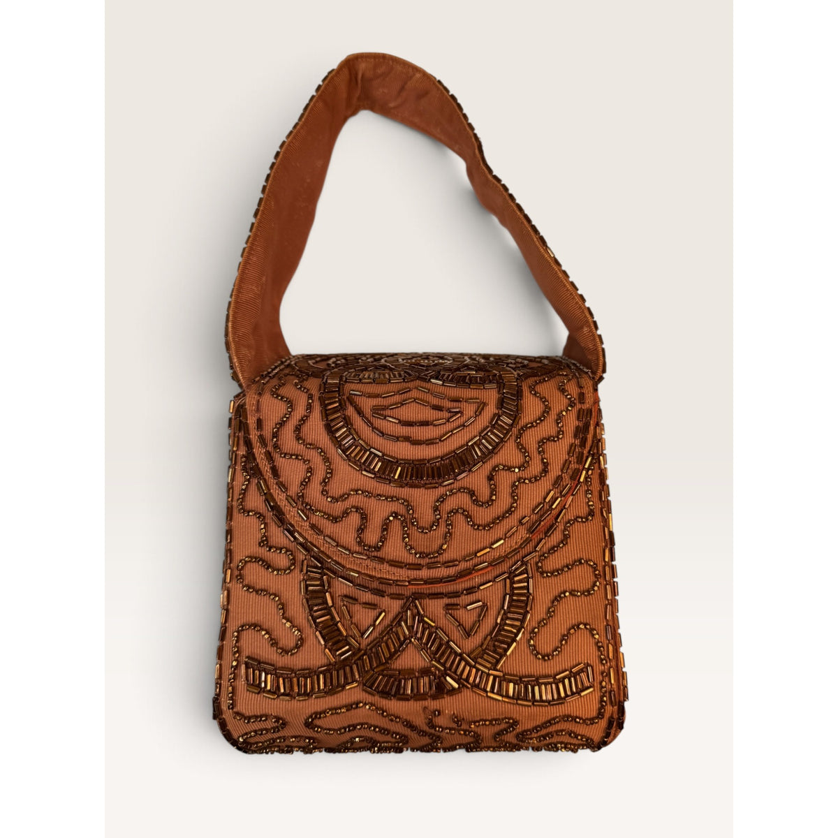 Vintage 60s Beaded Box Bag Milk Chocolate Brown Copper Bronze Bugle Beads Purse