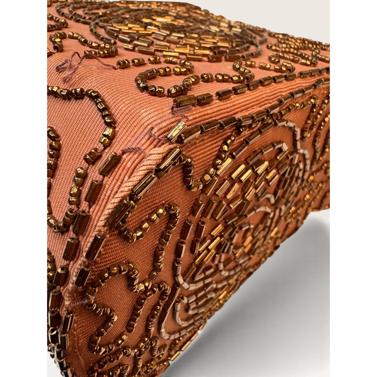 Vintage 60s Beaded Box Bag Milk Chocolate Brown Copper Bronze Bugle Beads Purse