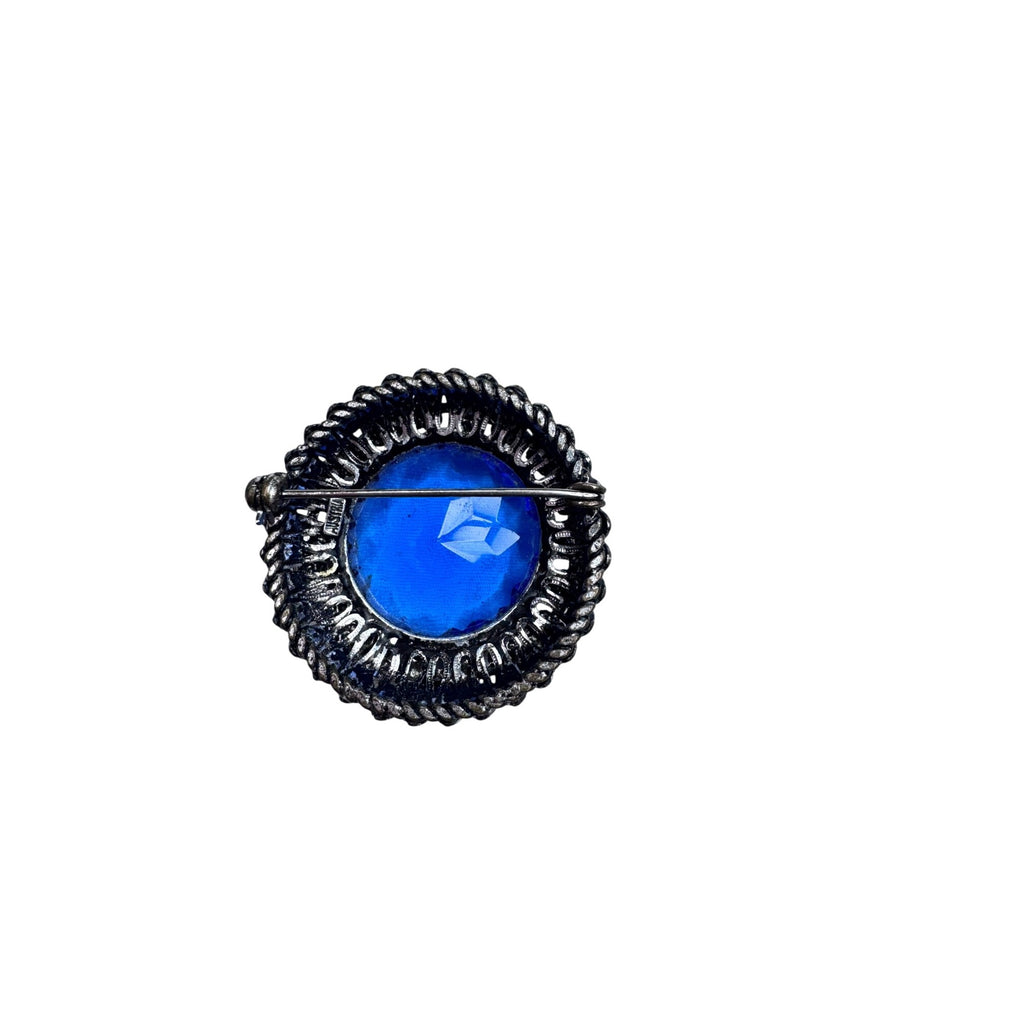 Austria Blue Rhinestone Brooch Gunmetal Silver Tone Round 1960s Vintage