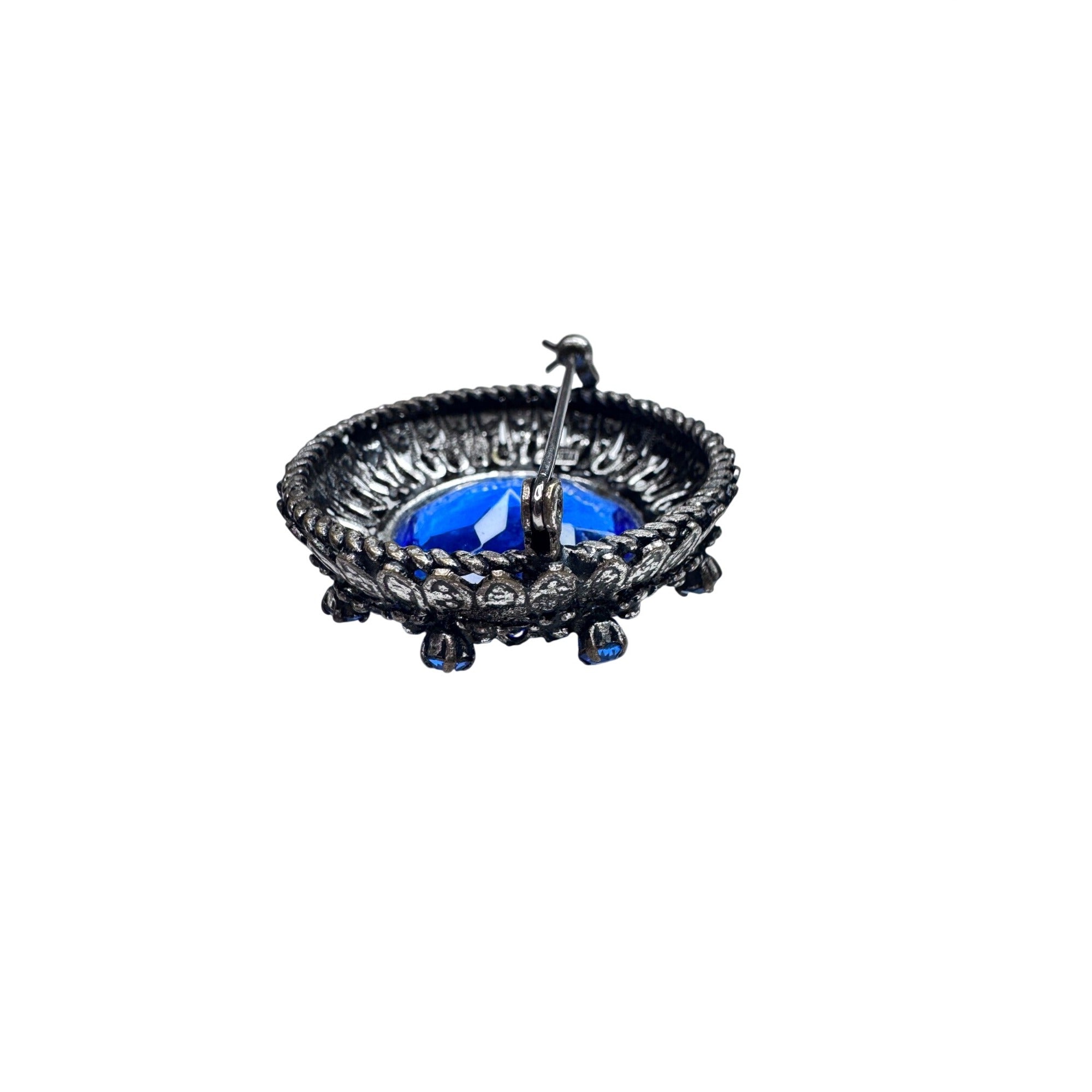 Austria Blue Rhinestone Brooch Gunmetal Silver Tone Round 1960s Vintage