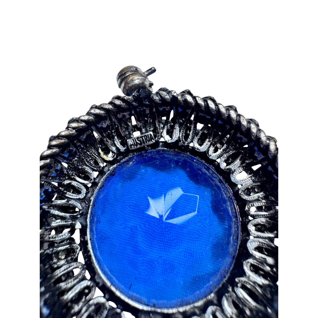 Austria Blue Rhinestone Brooch Gunmetal Silver Tone Round 1960s Vintage