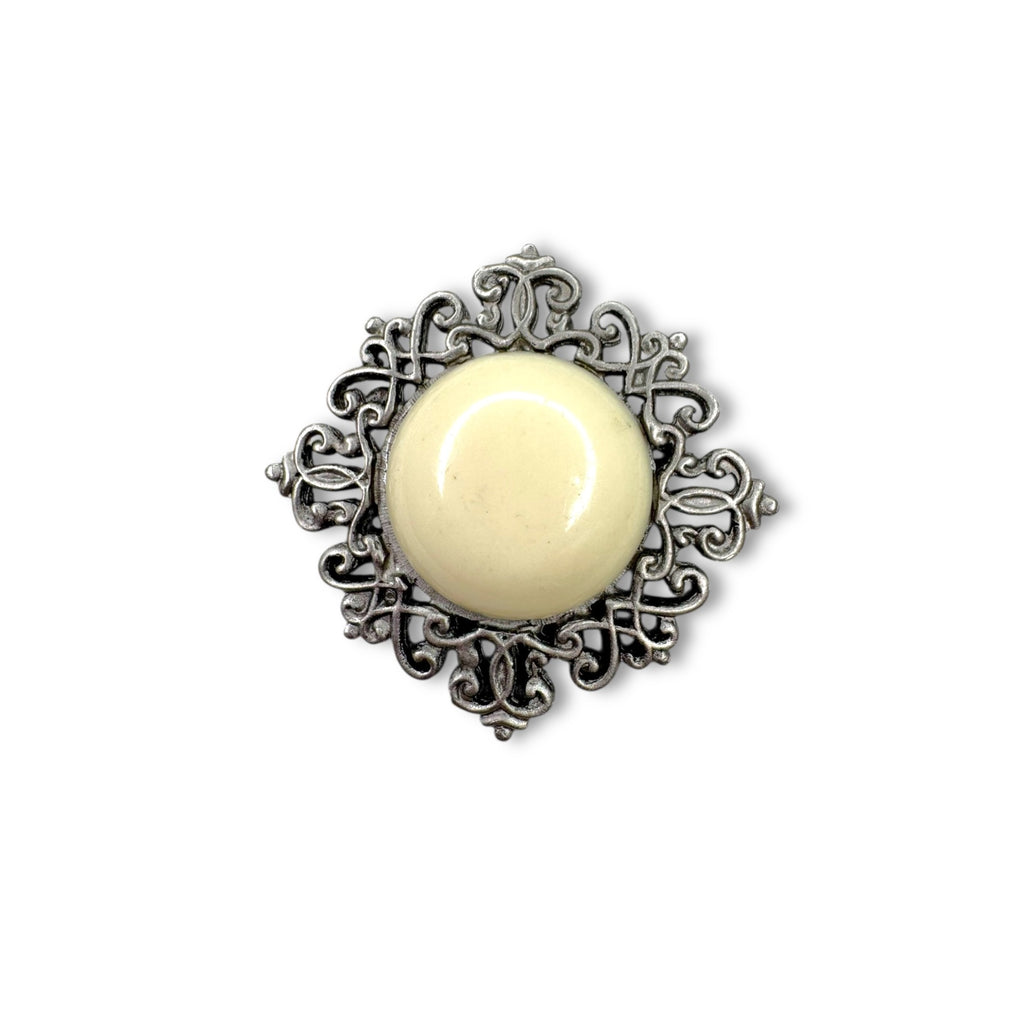 Kenneth Jay Lane Cream Acrylic Brooch Silver Tone KJL