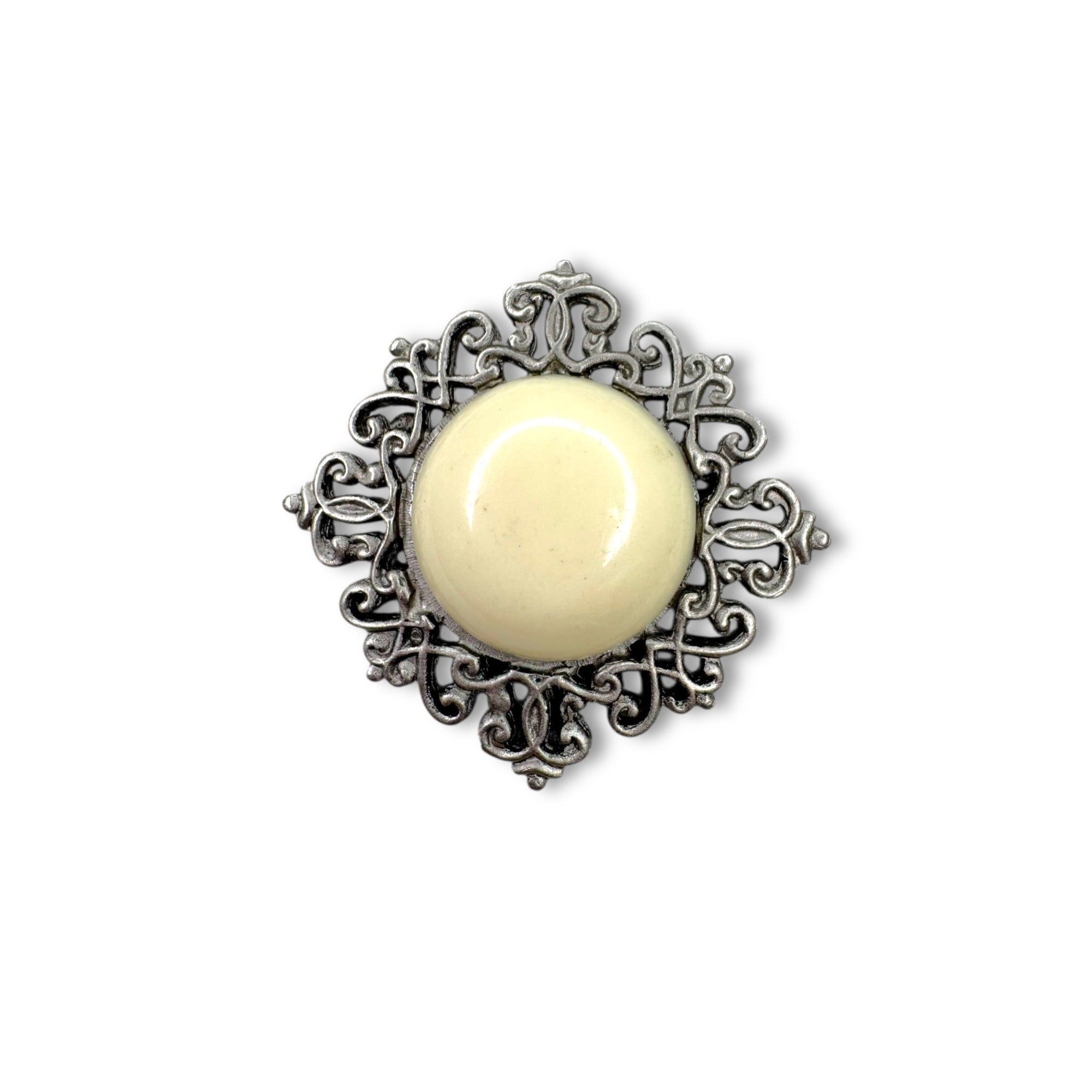 Kenneth Jay Lane Cream Acrylic Brooch Silver Tone KJL