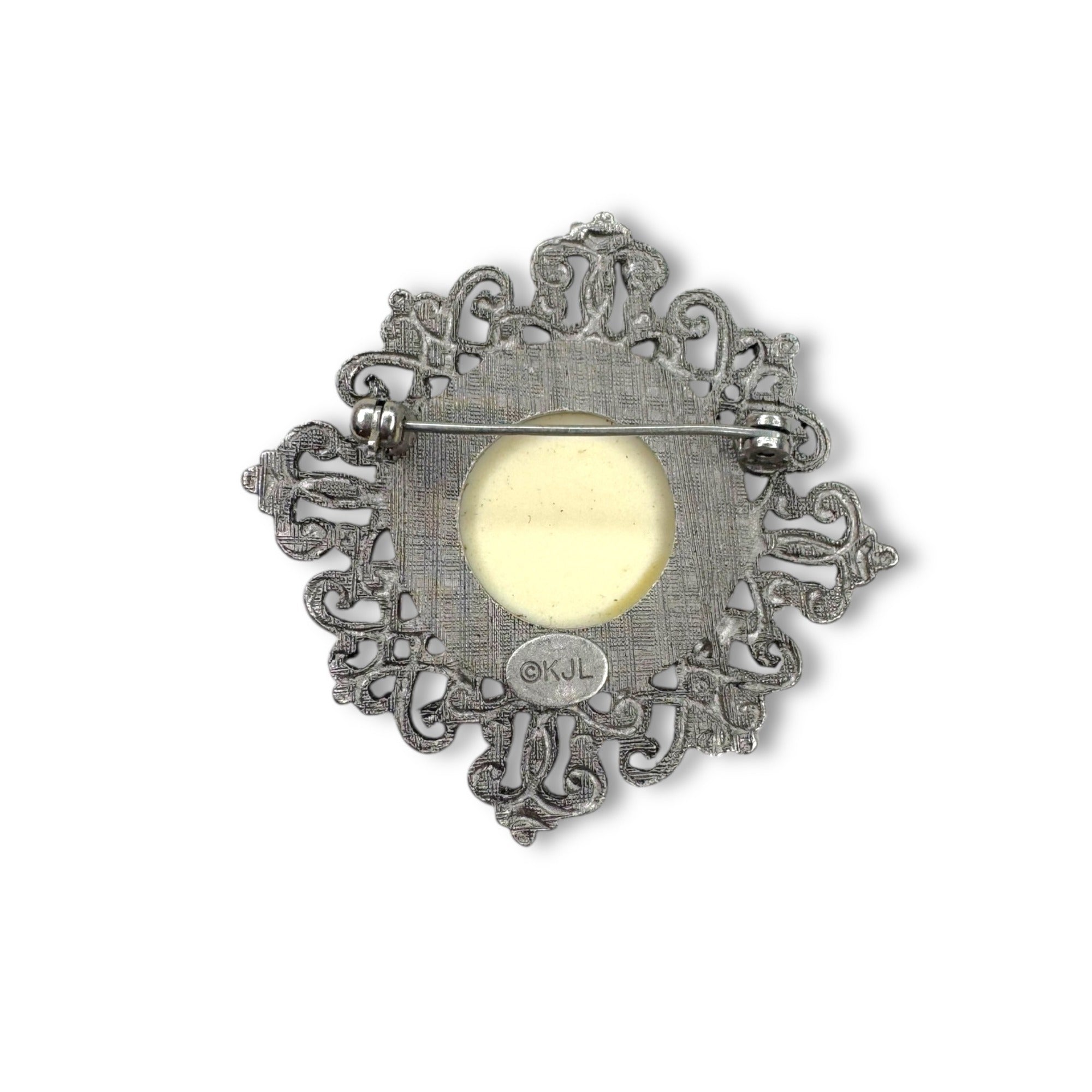 Kenneth Jay Lane Cream Acrylic Brooch Silver Tone KJL