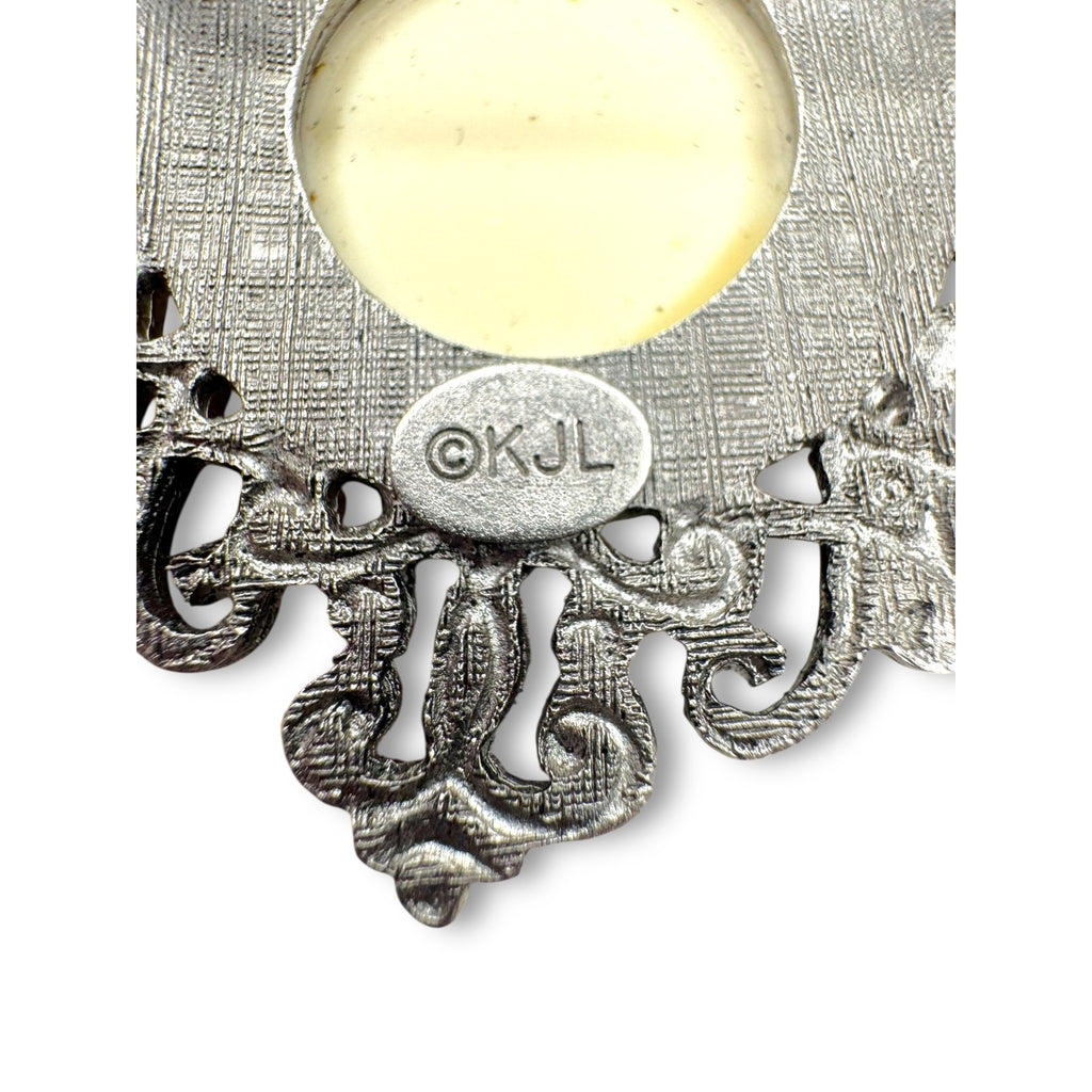 Kenneth Jay Lane Cream Acrylic Brooch Silver Tone KJL
