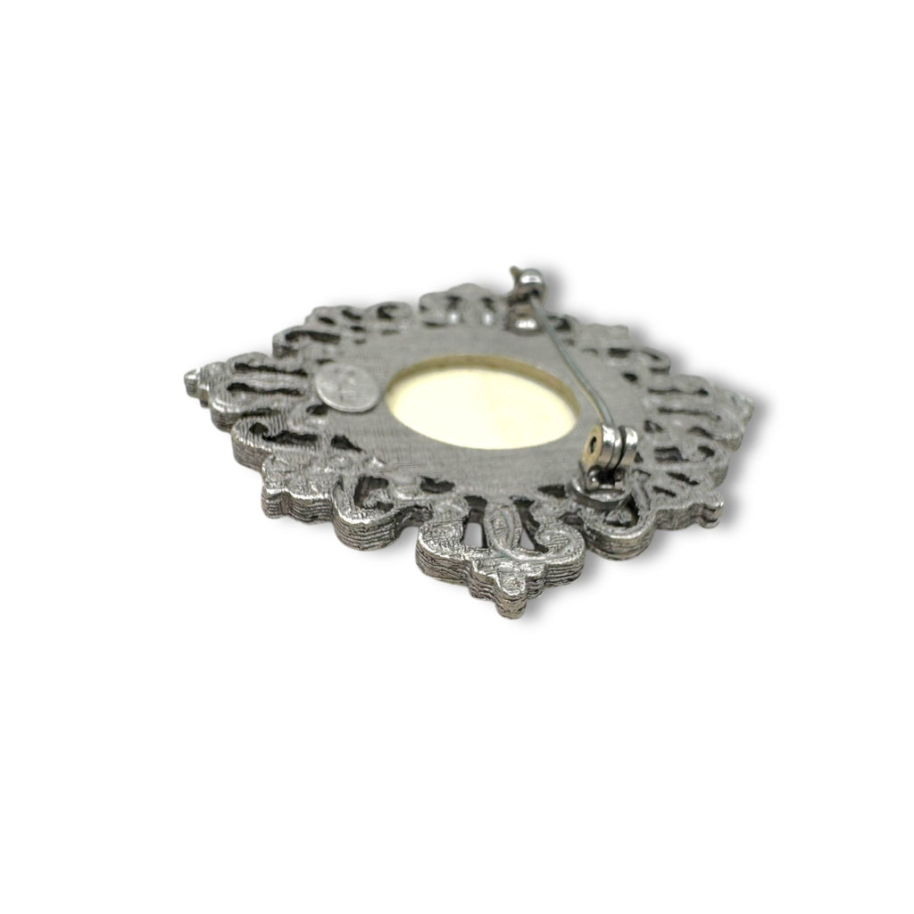 Kenneth Jay Lane Cream Acrylic Brooch Silver Tone KJL