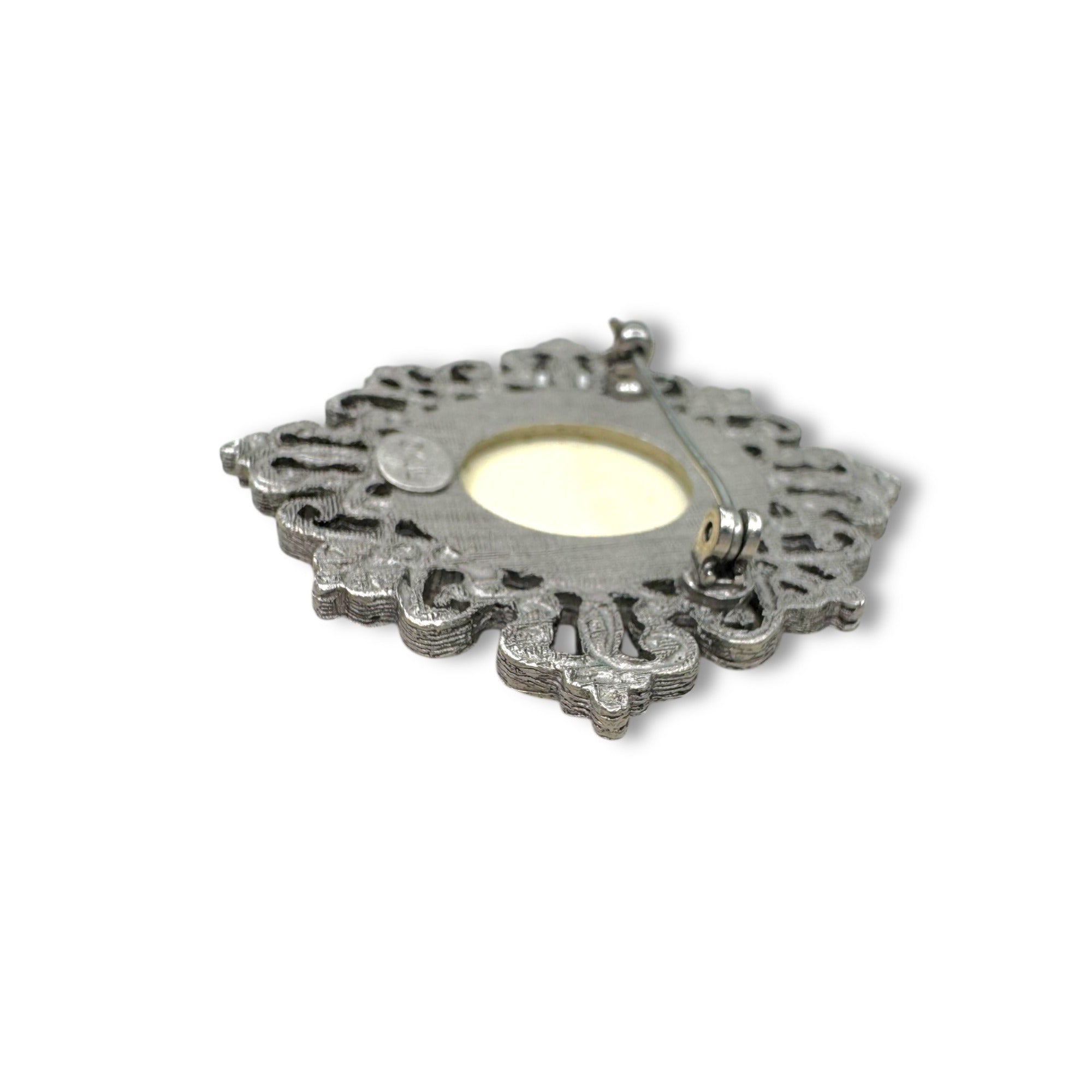 Kenneth Jay Lane Cream Acrylic Brooch Silver Tone KJL