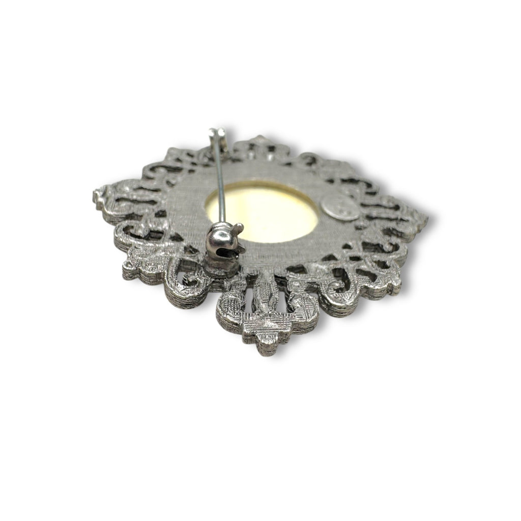 Kenneth Jay Lane Cream Acrylic Brooch Silver Tone KJL