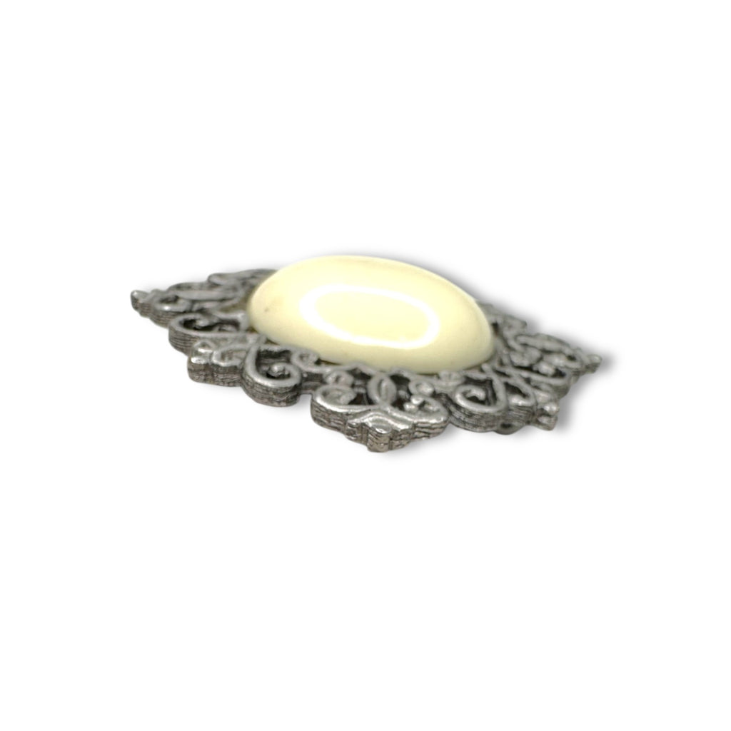 Kenneth Jay Lane Cream Acrylic Brooch Silver Tone KJL