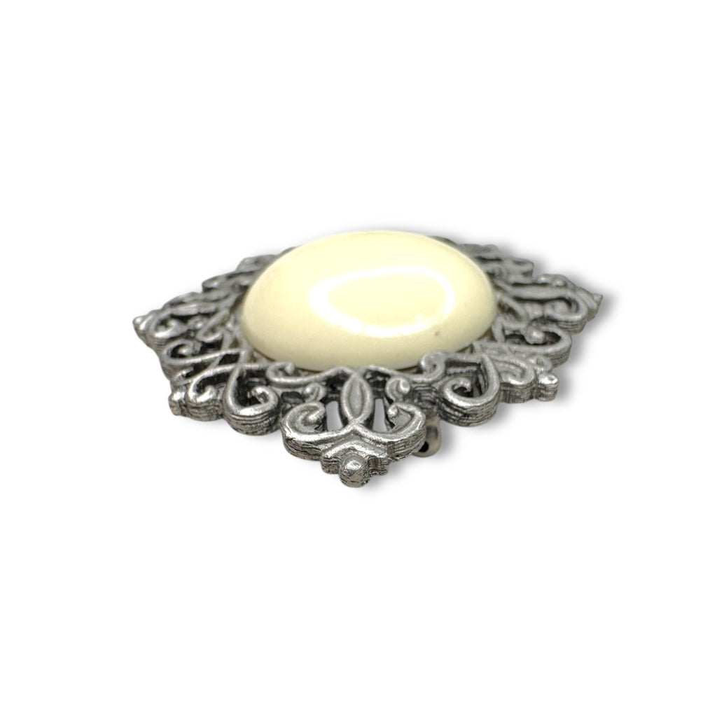 Kenneth Jay Lane Cream Acrylic Brooch Silver Tone KJL