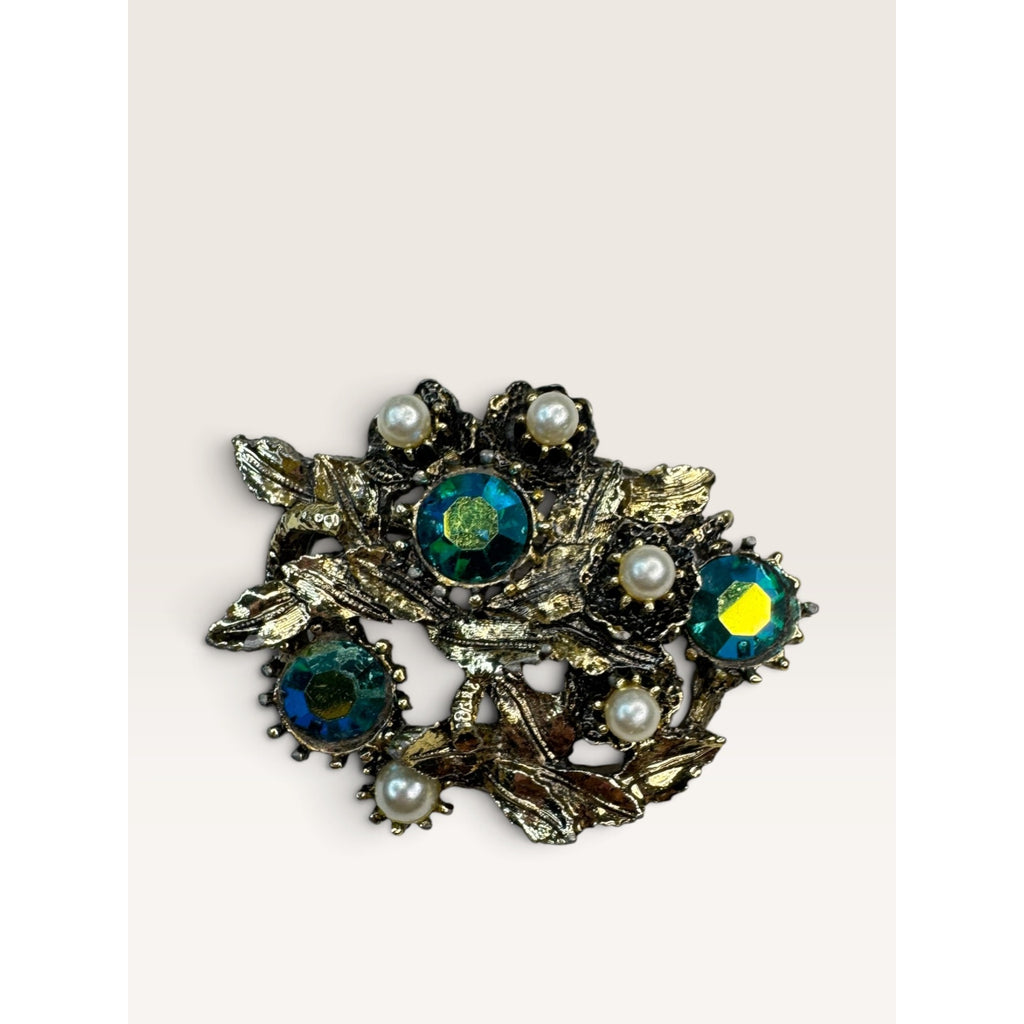 Vintage Teal AB Rhinestone Faux Pearl Floral Wreath Brooch Pin 1.91" Heavy Wear