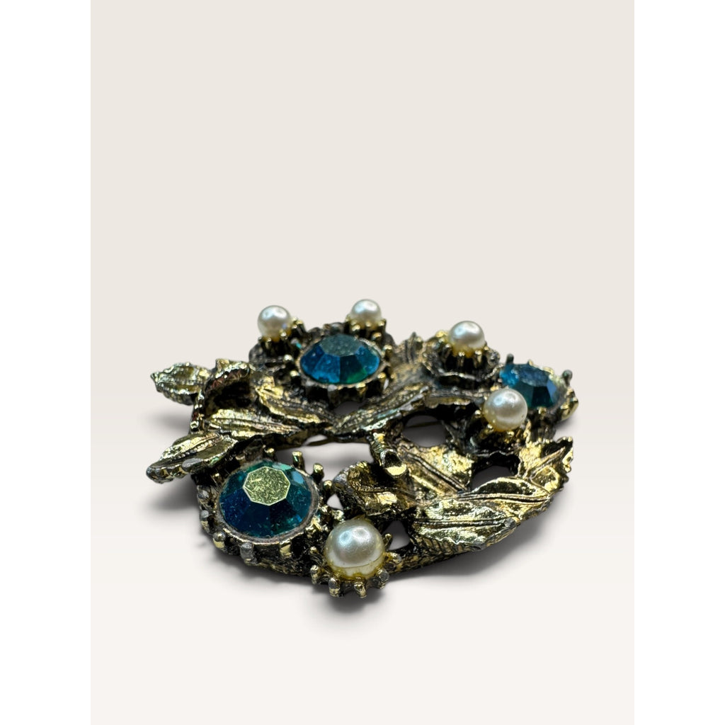 Vintage Teal AB Rhinestone Faux Pearl Floral Wreath Brooch Pin 1.91" Heavy Wear