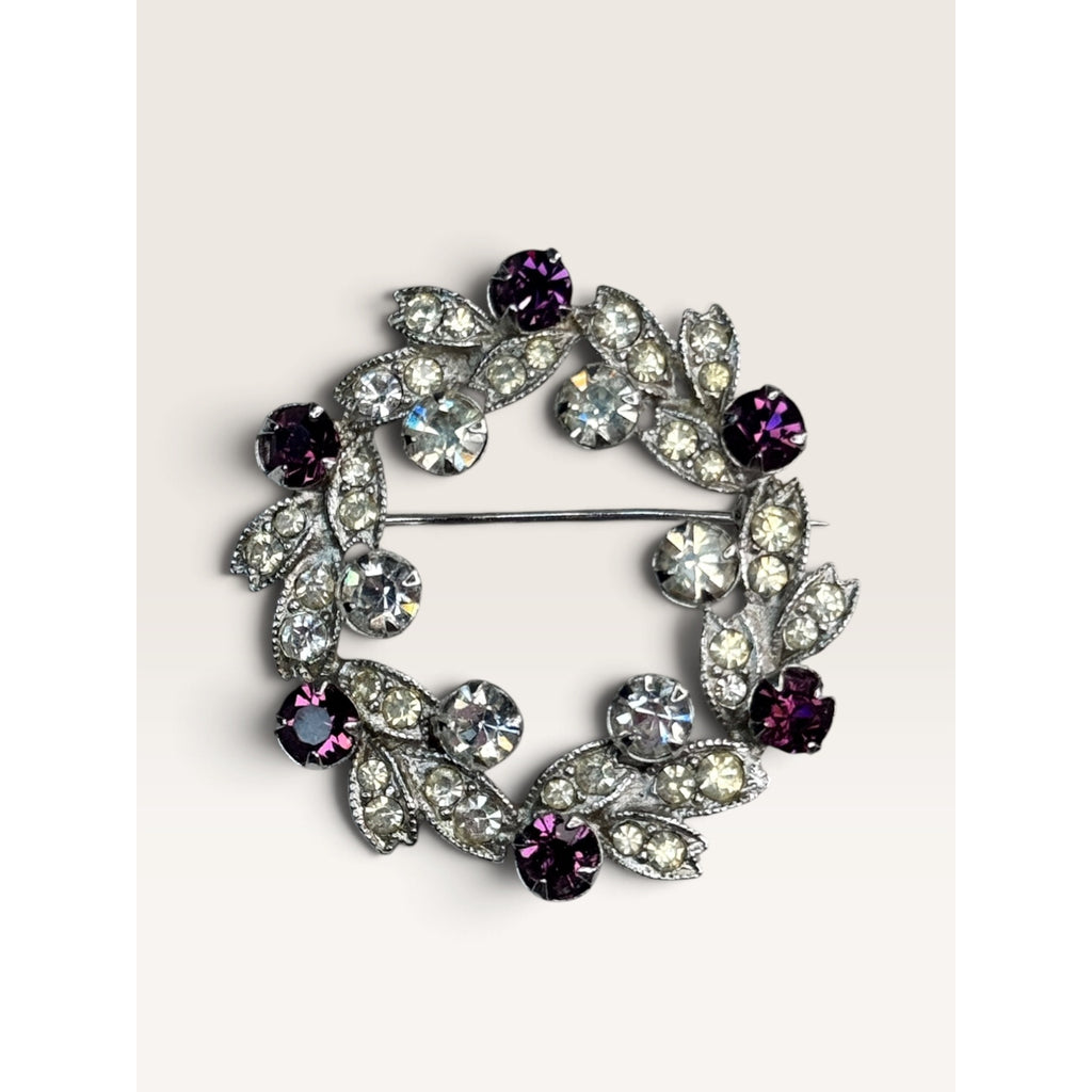 Eisenberg Purple Clear Crystal Rhinestone Circle Wreath Brooch 1950s Vintage