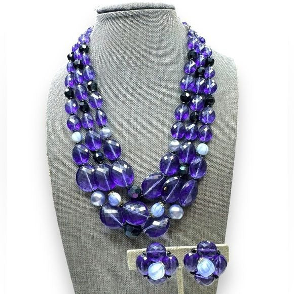 Vintage West Germany Purple Faceted Acrylic Necklace Clip Earrings Set 1950s